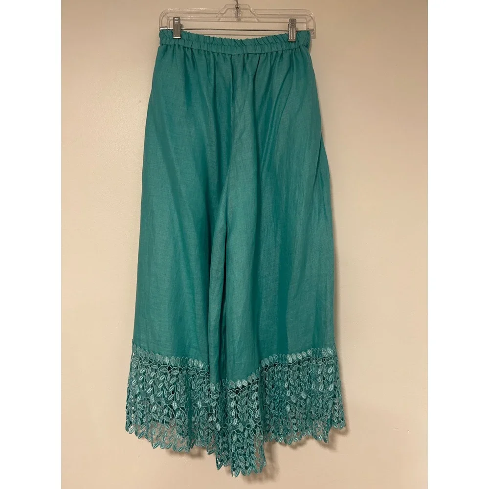 LERMAJ Vintage Teal Linen Blend Two Piece Set Lace Wrap Top Wide Leg Pants M/L